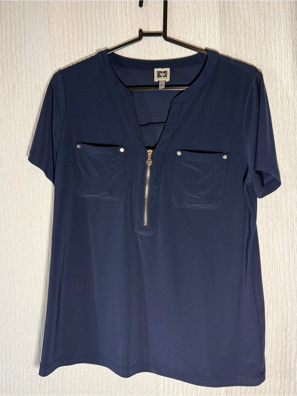 Anne Klein Navy Short Sleeve Zip-Front Tee